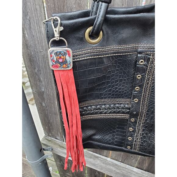 Handmade boho Rottweiler dog lover Leather Fringe Western bag charm keychain - Picture 2 of 3